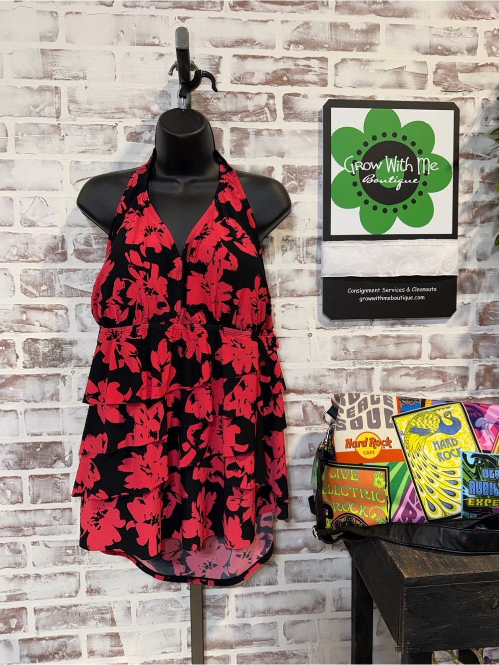 Aqua Women’s Halter Tiered Floral Tankini Top - Black & Red